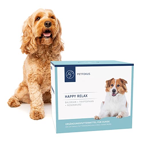 PetFokus Happy Relax | Einzigartige Formel für Hunde mit Baldrian, Melisse, L-Tryptophan und B-Vitaminen - hochwertige Nahrungsergänzung - 30 Sticks - in Deutschland produziert von PetFokus