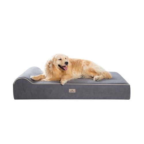 PetFun Jumbo Orthopädisches Hundebett – 17,8 cm dickes Haustierbett aus Memory-Schaum mit Kissen, abnehmbarer Bezug, wasserdichtes Futter, für große Hunde, Grau (Wildleder), 127,7 cm L x 86,4 cm B x von PetFun