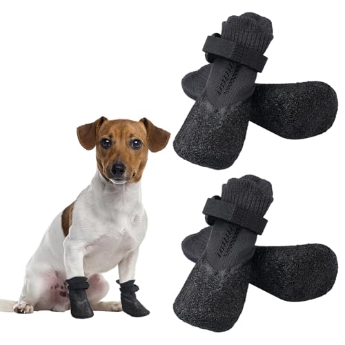 4 Stück Hunde Schuhe Outdoor, Anti-rutsch Pfotenschutz für Hunde, Hundesocken Outdoor Wasserdicht mit Verstellbarem Klettverschluss, Kleine Atmungsaktiv Schuhe Hundepfoten Schutz (Schwarz, S) von PetGlimmer