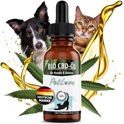 PetLove Bio Vollspektrum CBD Öl für Hunde & Katzen 10% (10ml) • Vollspektrum Hanföl für Tiere • Beruhigung & Entspannung für Haustiere • Premium Hanf-Tropfen • 100% Vegan • Naturprodukt ohne Zusätze von PetLove