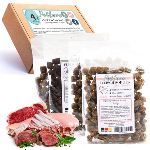 PetLove 100% Fleisch Softies für Hunde • Hundeleckerli ohne Getreide • Hoher Fleischgehalt • Hunde Leckerlis für Training • Mix (Gans, Lachs, Kaninchen, Strauß) - 3X 4er Mix (12 Tüten) von PetLove