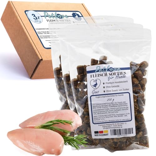 PetLove Fleisch Softies für Hunde • Hundeleckerli ohne Getreide • 63% Fleischgehalt • Hunde Leckerlis für Training • Gans (3x200g) von PetLove