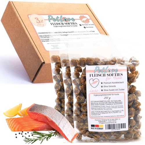 PetLove Fleisch Softies für Hunde • Hundeleckerli ohne Getreide • 63% Fleischgehalt • Hunde Leckerlis für Training • Lachs (3x200g) von PetLove