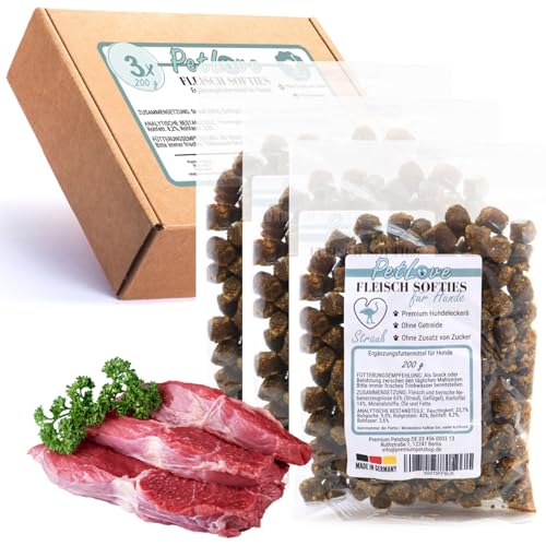 PetLove Fleisch Softies für Hunde • Hundeleckerli ohne Getreide • 63% Fleischgehalt • Hunde Leckerlis für Training • Strauß (3x200g) von PetLove