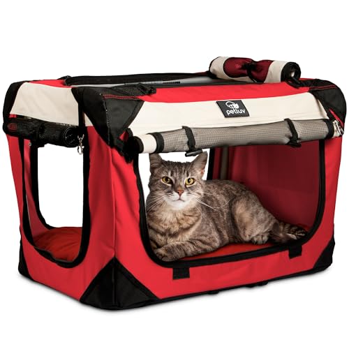 petluv Beruhigende Happy Pet Premium Soft-seitige Cat & Dog Carrier & Travel Box w Locking Reißverschlüsse Gemütliche Plüsch Nap Kissen 4 x Innen Raum luftig Windows Sonnendach reduziert Angst, Small, rot von PetLuv