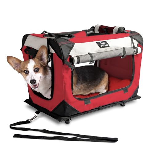 petluv Beruhigende Happy Pet Premium Soft-seitige Cat & Dog Carrier & Travel Box w Locking Reißverschlüsse Gemütliche Plüsch Nap Kissen 4 x Innen Raum luftig Windows Sonnendach reduziert Angst, Medium Large Wheeled, rot von PetLuv