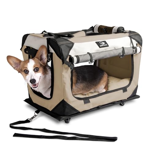 petluv Beruhigende Happy Pet Premium Soft-seitige Cat & Dog Carrier & Travel Box w Locking Reißverschlüsse Gemütliche Plüsch Nap Kissen 4 x Innen Raum luftig Windows Sonnendach reduziert Angst, Medium Large Wheeled, hautfarben von PetLuv