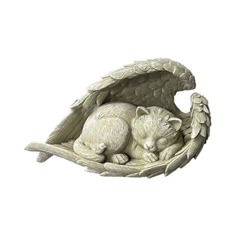 PetPhindU Katzenengelstatue, Gedenkstein für Haustiere, Katzengrabstein aus Polyresin, Dekorative Gedenkstatue für Den Garten, Katze Schläft in Winkelflügelstatue (Weiß,12cm x 6cm) von PetPhindU