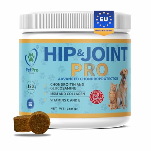 PetPro PHARMA - Hip & Joint Pro – Gelenkschutz für Hunde & Katzen – MSM, Glucosamin, Chondroitin & Kollagen – Gelenktabletten für Hüfte, Gelenke & Beweglichkeit – 120 Kautabletten, 360 g von PetPro PHARMA