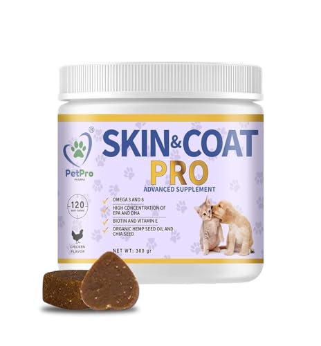 PetPro PHARMA - Skin & Coat Pro - Nahrungsergänzungsmittel für Hunde und Katzen Dermatologische Gesundheit, Futterverstärkung für Haut und Fell.120 Kautabletten Lachs, Omega 3 und 6 (EPA und DHA), von PetPro PHARMA