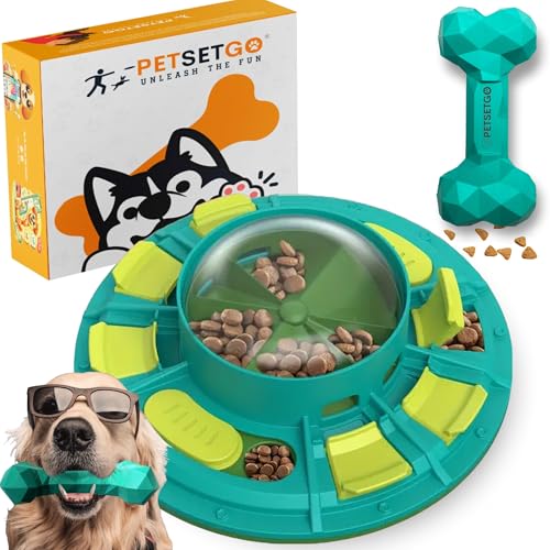 PetSetGo 2 in 1 Hunde Puzzle Spielzeug, Trainingsring mit Leckerli-Spender Mentale Stimulation für kleine bis große Hunde (Grün und Türkis, Puzzle mit Kauspielzeug) von PetSetGo