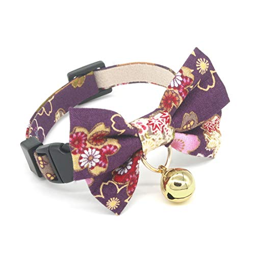 PetSoKoo Katzenhalsband mit Doppelschleife und Glöckchen Japanisches Sakura-Kimono-Stil, 103 % Baumwolle, weich, niedlich, für Erwachsene, Violett von PetSoKoo