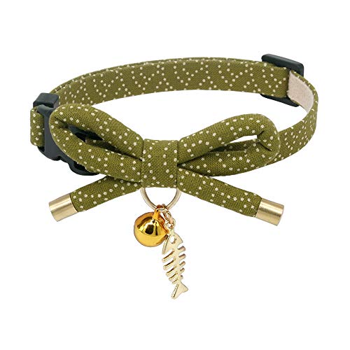 PetSoKoo Katzenhalsband mit Schleife und Glöckchen Japanischer stilvoller Bowknot und Fisch-Anhänger Sicherheitsverschluss, weich, leicht, für Mädchen, Jungen, männliche Katzen, Kätzchen, Grün von PetSoKoo