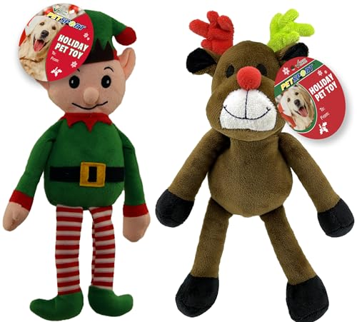 PetSport Elf & Rentier Holiday Plush Toy Bundle for The Holiday Season | Internal Squeaker Included | Ultraweiches Plüschtier perfekt zum Kauen und Kuscheln | 30,5 cm von PetSport