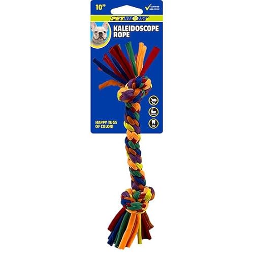 PetSport Kaleidoskop-Seil, klein, 2 Knoten, 25,4 cm, ideal für Tauziehen, leuchtende Regenbogenfarben, strapazierfähiges und dehnbares Jersey-Material, 3 Stück von PetSport