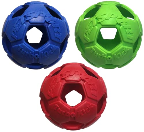 PetSport 4 Turbo Kick Fußball-Hundespielzeuge, 3er-Pack, mit Vanilleduft, super langlebiges TPR-Gummi, ultrastarkes Federspiel, zum Apportieren mit Ihrem Haustier, Farben können variieren von PetSport