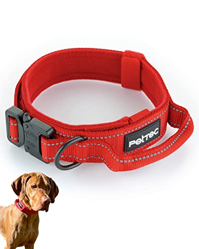 PetTec Hundehalsband aus Neopren & Nylon, Halsband mit Griff für kleine & große Hunde weich gepolstert (S-XL), äußerst robust & wasserabweisend, verstellbar, Set Halsband & Schleppleine, rot von PetTec