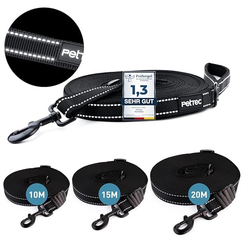 PetTec Schleppleine 10m/15m/20m Trainingsleine für Hunde aus extrastarkem D860 Nylon, schmutz- & wasserabweisend, robuste Lange Langlaufleine/Dog Leash, Schlepp-Leine verstellbar, Welpenleine lang von PetTec