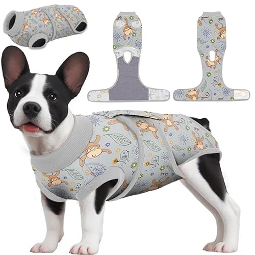 PetWarm Genesungsanzug für Hunde, Chirurgie-Genesungsanzug, männlich, Neutral, Hundespray-Genesungsanzug, Erholungsshirt für Bauchwunden, Kegel-Alternative, bequem und weich, Affenmuster, Grau, XL von PetWarm