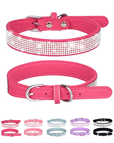 Petank Hundehalsband für kleine, mittelgroße und große Hunde, Strasssteine, Wildleder, Keine Dehnung, genaue Maße, Rosenrot, Medium von Petank