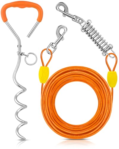 Petbobi Hundeleinenkabel und Pfahl, 15,2 m, robustes Kabel mit Feder, kein Verheddern, 40,6 cm Erdspieß, ideal für Hof, Camping und Strand, geeignet für kleine, mittelgroße und große Hunde bis zu 54,4 von Petbobi