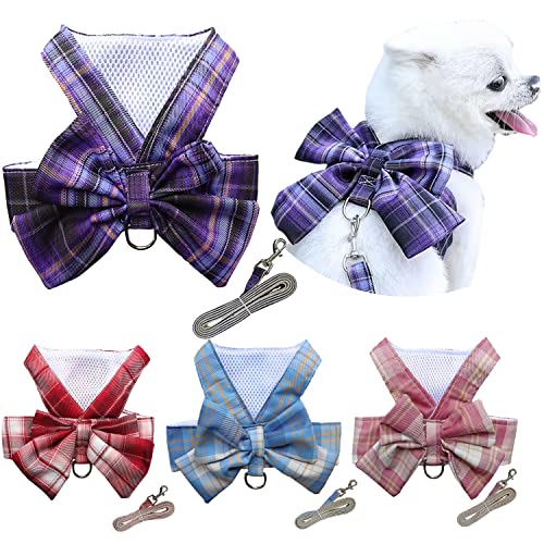 Petbuy Kariertes Hundekleid, Fliege, Geschirr, Leine, Hundekleidung mit Ring für die Leine für kleine Hunde, Mädchen, Welpen, Prinzessin, Kaninchen, Kleidung, Chihuahua, Yorkies, Haustier-Outfits von Petbuy