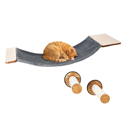 PETCOMO Katzenwandmöbel, Katzenhängematte Wandmontiertes Katzenregal mit 2 Stufen, Katzenkletterregale und Sitzstangen und Lounging mit Metallrahmen und Holzregal für gemütliche Erholung - MK2026B von Petcomo