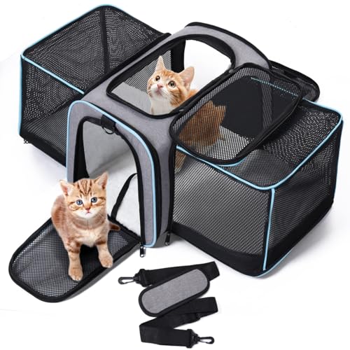 Petcozife Transporttasche Katze, Erweiterbar Katzentransportbox Transportbox Katze Groß, Hundetransportbox Faltbar für Hund Welpen, 47x29x29cm Katzentransporttasche für Haustiere bis zu 5,5 kg von Petcozife