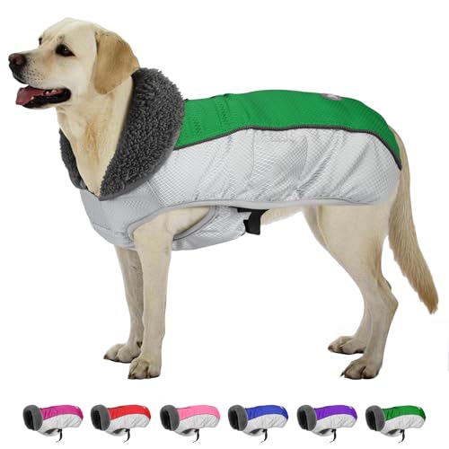 Hund Wintermantel, Ripstop Hundejacke mit Reflektierenden Streifen, Weihnachten Wasserdicht Hundepullover mit Geschirrloch, Warme Haustier Winterweste für Kleine Mittlere Extra Große Hunde (Grün, L) von Petglad