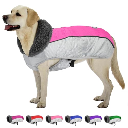 Petglad Hunde-Wintermantel, wasserdichte Ripstop-Hundejacke mit Loch für die Leine, reflektierend, warme Hunde-Fleece-Schneeweste für kleine, mittelgroße und große Hunde, Rosa, Größe 3XL von Petglad