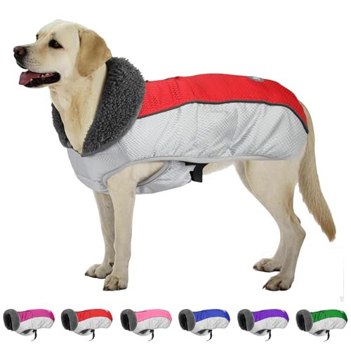 Hund Wintermantel, Ripstop Hundejacke mit Reflektierenden Streifen, Weihnachten Wasserdicht Hundepullover mit Geschirrloch, Warme Haustier Winterweste für Kleine Mittlere Extra Große Hunde (Rot, XL) von Petglad