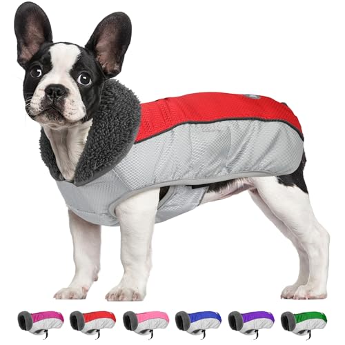 Petglad Hunde-Wintermantel, wasserdichte Ripstop-Hundejacke mit Loch für die Leine, reflektierend, warme Hunde-Fleece-Schneeweste für kleine, mittelgroße und große Hunde, Rot, Größe S von Petglad