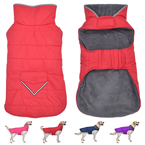 Hunde Wintermantel, Hundejacke mit Tasche und reflektierendem Streifen, Welpenkleidung Warme Haustier Winterweste für Welpen Kleine Mittlere Extra Große Hunde Haustier (Rot, L) von Petglad