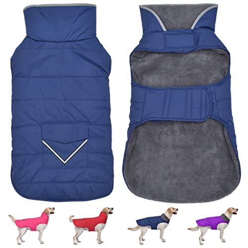 Hunde-Wintermantel mit Tasche und reflektierendem Streifen, winddichte wasserdichte Hundejacke, Welpen-Kleidung, kleine mittelgroße und extra große Hunde Haustier (Blau, 2XL) von Petglad