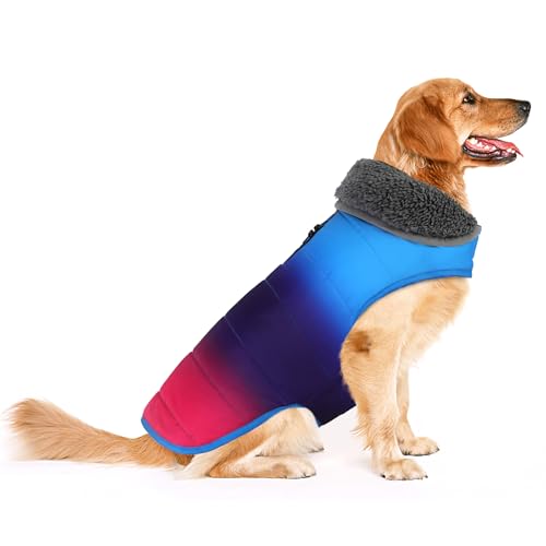 Petglad Hunde-Wintermantel, wasserdichte Hundejacke mit Loch für die Leine, reflektierend, warm, winddichte Fleece-Weste für kleine, mittelgroße und große Hunde, Farbverlauf, Blau, Größe 3XL von Petglad