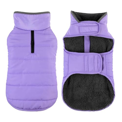 Petglad Hunde-Wintermantel, wasserdichte Hundejacke mit Loch für die Leine, reflektierend, warm, winddichte Fleece-Weste für kleine, mittelgroße und große Hunde, Hellviolett, Größe S von Petglad