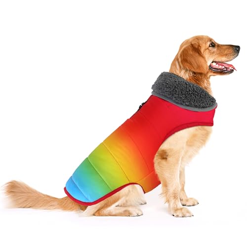 Petglad Hunde-Wintermantel, wasserdichte Hundejacke mit Loch für die Leine, reflektierend, warm, winddichte Fleece-Weste für kleine, mittelgroße und große Hunde, Regenbogen, Größe 3XL von Petglad