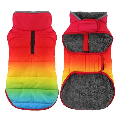 Petglad Hunde-Wintermantel, wasserdichte Hundejacke mit Loch für die Leine, reflektierend, warm, winddichte Fleece-Weste für kleine, mittelgroße und große Hunde, Regenbogen, Größe S von Petglad