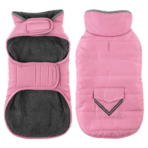 Petglad Hundemantel, wasserdichte Hunde-Winterjacke mit Tasche, reflektierend, verstellbar, warm, gemütlicher Fleecepullover für kleine, mittelgroße und extra große Hunde, Hellrosa, Größe 3XL von Petglad