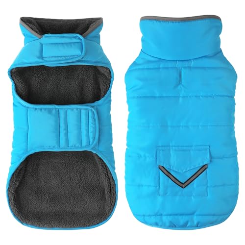 Petglad Hundemantel, wasserdichte Hunde-Winterjacke mit Tasche, reflektierend, verstellbar, warm, gemütlicher Fleecepullover für kleine, mittelgroße und extra große Hunde, Himmelblau, Größe 3XL von Petglad