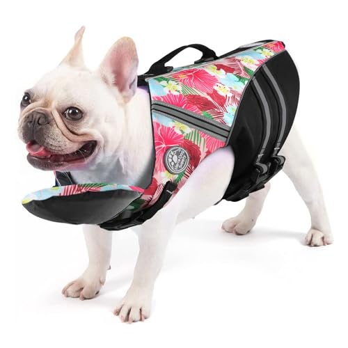 Petglad Schwimmweste mit französischer Bulldogge, mit Kinnschwimmer, Rettungsgriff für Corgi-Mops, verstellbar, hohe Sichtbarkeit, Schwimmweste für Schwimmen, Bootfahren (Blumenrosa) von Petglad