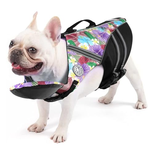 Petglad Schwimmweste mit französischer Bulldogge, mit Kinnschwimmer, Rettungsgriff für Corgi-Mops, verstellbar, hohe Sichtbarkeit, Schwimmweste für Schwimmen, Bootfahren (Blumenviolett) von Petglad