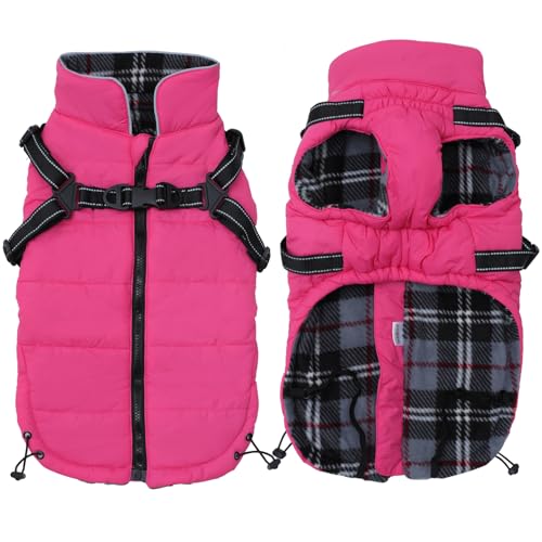 Pethiy -Super Warm Hunde wintermäntel mit Geschirr, Hundejacke mit Innenfleece, Wasserdichte Kleine Hundemantel Winterweste Hundepullover mit Brust gurt fur Haustier -Rosa-L von Pethiy