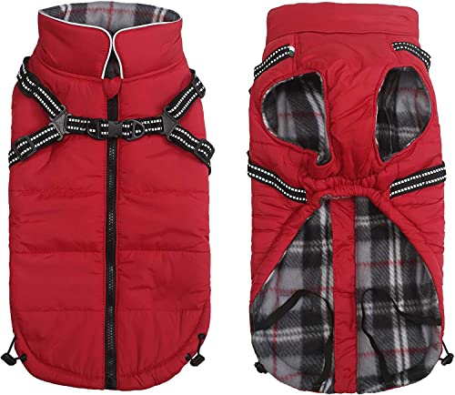 Pethiy -Super Warm Hunde wintermäntel mit Geschirr, Hundejacke mit Innenfleece, Wasserdichte Kleine Hundemantel Winterweste Hundepullover mit Brust gurt fur Haustier -Rot-M von Pethiy