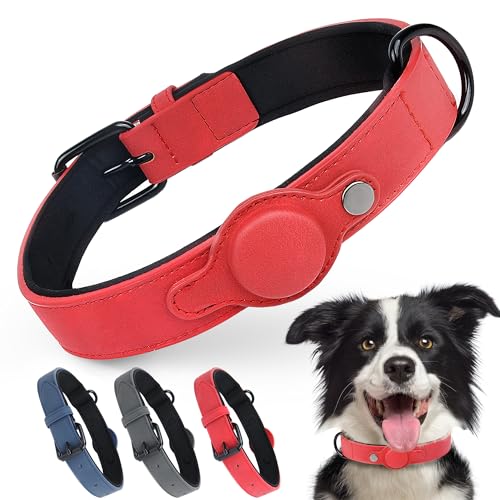 PetiFine AirTag Hundehalsband, Leder-Hundehalsband mit Airtag-Halterung, weich gepolstert, Apple Air-Tag-Hundehalsband mit verstellbarer, rostfreier Metallschnalle für kleine, mittelgroße und große von PetiFine