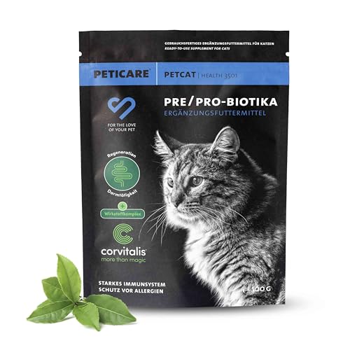 Peticare Katzen Präbiotika & Probiotika | Immunsystem stärken, Darmsanierung, Darmflora aufbauen | lindert Allergie-Anfälligkeit & Juckreiz | mit innovativem Corvitalis® Komplex - petCat Health 3501 von Peticare