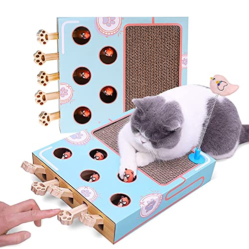 3 in 1 Wellpappe Katzenkratzer, Katzenkratzpad mit Whack a Mole Spiel und lustigem Katzenstab, Mehrzweck-Kratzpad, verdicktes langlebiges Katzenkratzspielzeug für Indoor-Katzen von Petific