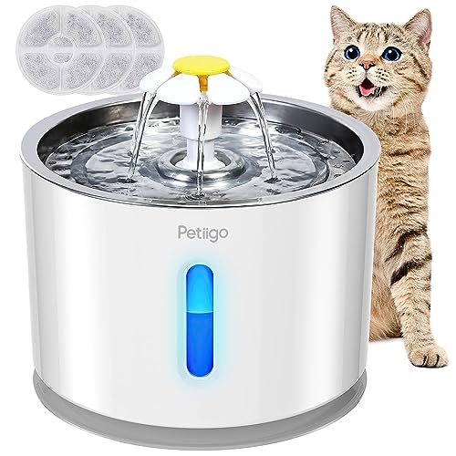 Katzenbrunnen, Petiigo Edelstahl Trinkbrunnen für Katzen BPA-frei mit 3 Filter LED Anzeige für Katzen/Hunde - 2.4L von Petiigo