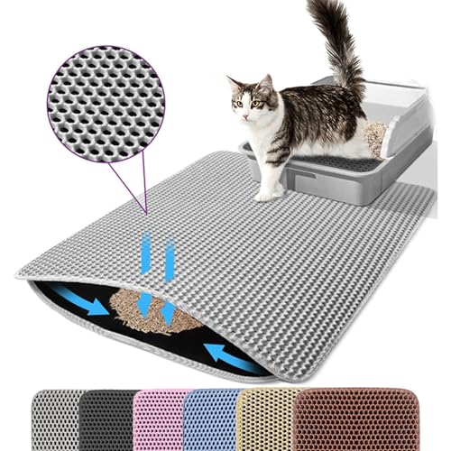 Petinstinct Katzenklo Matte, 75x55cm Extra Große Katzenstreu Matte, Doppelschichtiger Entwurf der Bienenwabe Matte, Wasserdicht und Langlebig, Katzentoilette Unterleger, Grau von Petinstinct