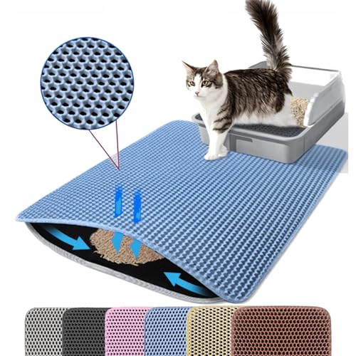 Petinstinct Katzenklo Matte, 75x55cm Extra Große Katzenstreu Matte, Doppelschichtiger Entwurf der Bienenwabe Matte, Wasserdicht und Langlebig, Katzentoilette Unterleger, Blau von Petinstinct